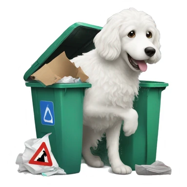 White doodle getting in garbage sticker