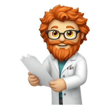 A red-bearded cat engineer in a lab coat holds a white piece of paper next to a 3d printer. sticker