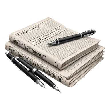 Create an emoji representing journalism and publicistic writing. The design should feature a stack of newspapers, an open notebook with visible text, and a single fountain pen placed near the notebook, symbolizing the act of writing. Use neutral, professional colors like black, white, and muted tones to convey a sense of seriousness and intellect. Do not include any emojis or smiley faces. Make the background transparent. sticker