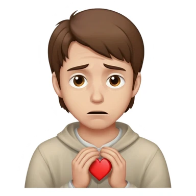 a man with brown hair staying in a
full height in profile with anxiety and begging face with a broken heart sticker