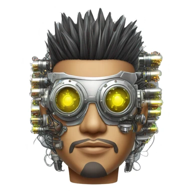Mohawk hair Asian male cyborg head with neon silver steampunk goggles and circuits sticker