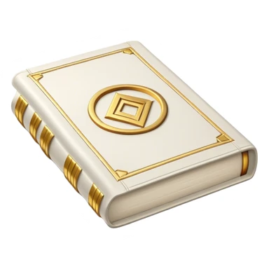 A white leather book with golden accents, smooth and polished, embossed with a symbol of six pillars, or a glowing mirror, radiating strength, confidence, and the power of self-worth.  sticker