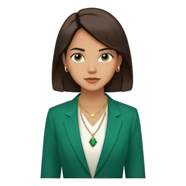 Emoji femenino con cabello suelto corto hasta los hombros castaño oscuro. Tono de piel bronceado. Viste blazer color verde esmeralda y blusa de vestir blanca. Lleva tres collares minimalistas color dorado sin piedra. Minimalista, clasico sticker