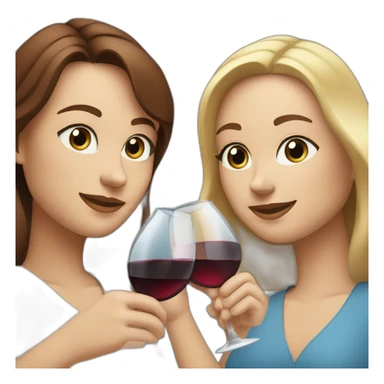 White woman with brown hair and brown eyes toasting with a red wine together with white woman with blond hair and blue eyes with red wine sticker