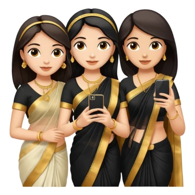 Three girls taking selfie one is wearing white saree second is wearing golden saree and the third is wearing black saree sticker