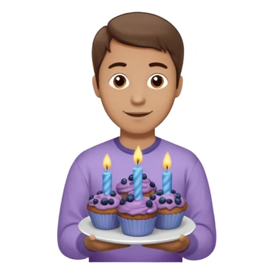 Make a white man with brown hair wearing a shirt that says happy b day Virginia holding a blueberry muffin with a birthday candle in it. Have him holding multiple muffins and no candles in hand. Have him wearing a purple shirt. He should still be a white guy in a light purple shirt sticker