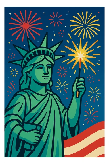 Statue of Liberty holding a sparkler, 4th of July, festive, colorful sticker