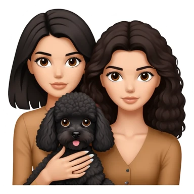 Kendall Jenner with long dark hair holding a brown poodle and a black schnauzer sticker