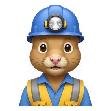 a mole rat, blue helmet, headlamp, yellow worker cloth sticker