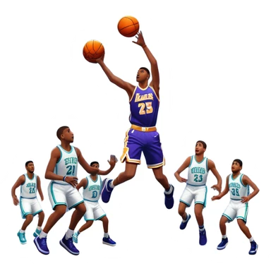 An icon featuring a basketball court with players in action, inspired by NBA 2K25. A player jumps for a dunk, with the ball mid-air. Bright lights illuminate the court, symbolizing the excitement of sports simulation games. Transparent background emphasizes the energy. sticker