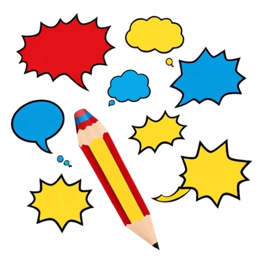 Create a vibrant and dynamic emoji representing comic books and graphic novels as an art form. The design should feature a comic book page with panels and speech bubbles, showcasing bold lines and vibrant colors. Include elements like a pencil or pen, as well as a superhero icon or an action scene to symbolize storytelling through visuals. Use bright, energetic colors like red, blue, and yellow to convey excitement and creativity. The overall design should feel playful, creative, and artistic. Make the background transparent. sticker