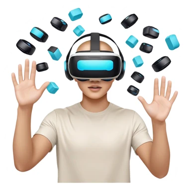 humanless emoji for the creation of VR/AR technology. Show a designer's hands holding a VR headset or AR glasses, with floating 3D models or virtual objects being manipulated in the air. Use modern, tech-inspired colors. Do not include any emojis or smiley faces. Make the background transparent. sticker