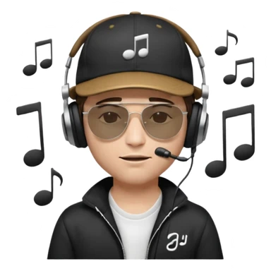 emojis.com dj-man-white-with-baseball-cap---rayban-sun-glasses-80s---brown-hair---closed-eyes-with-headphones-on-with-musical-note-over-head-(listening-to-music-)---eyes-closed-no-glasses---black-hat--musical-notes sticker