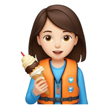 girl brunet kid wearing lifejacket, eating ice cream sticker