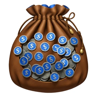 brown money bag full off blue coins inside sticker