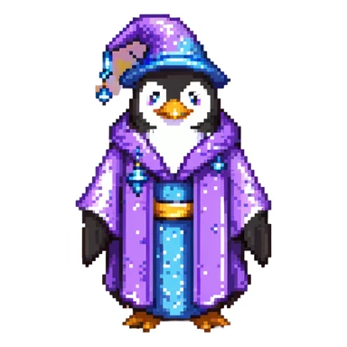 Penguin wizard with purple robe and blue magical sparkles sticker