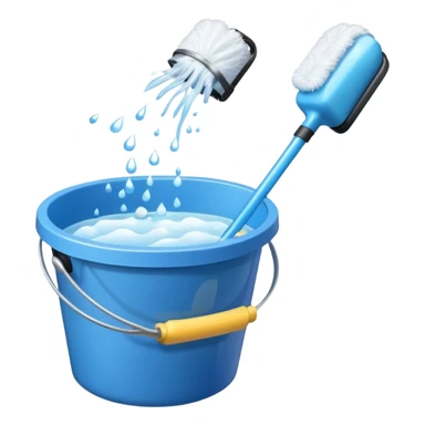 Bucket with soapy water, mop, and spray bottle grouped together with sparkles sticker