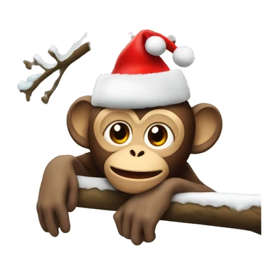 monkey with a christmas hat on hanging off a snowy branch sticker