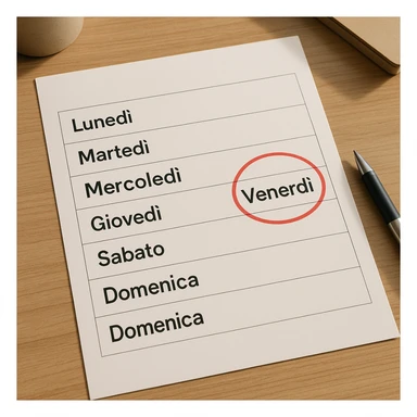 weekly calendar sheet viewed from above, days written in Italian from Monday to Sunday, Friday circled in red, hyperrealistic style, 4K details, desk atmosphere sticker