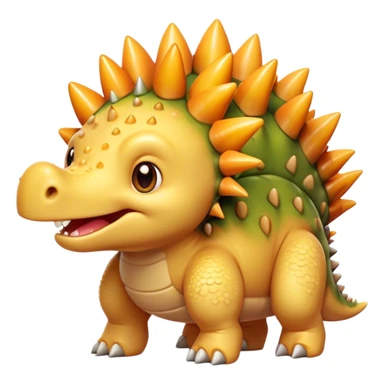 Cinematic Cute Stegosaurus Portrait Emoji, Head tilted playfully with a cheeky grin, featuring a charming, low-profile body with iconic, rounded bony plates and a spiky tail, a small head with sparkling, curious eyes, Simplified yet irresistibly adorable features, highly detailed, glowing with a warm, inviting earthy glow, high shine, affectionate and spirited, stylized with a touch of whimsical prehistoric charm, soft glowing outline, capturing the essence of a mischievous yet endearing Stegosaurus that seems as if it could waddle out of the screen into your arms! sticker