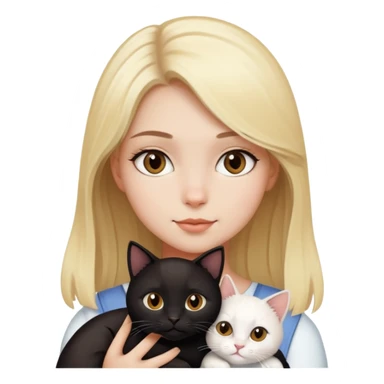 Blonde girl with brown eyes holding a black cat and a white cat sticker
