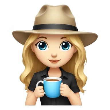 A girl with brown hair and blond bangs with blue eyes in a black panama hat holds a mug.chibi style sticker