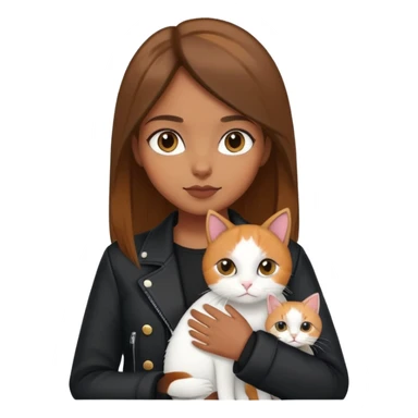 Brown straight-haired girl wearing black jacket with white cat and calico cat sticker