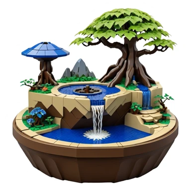 Alien saucer jungle-vines Lego fountain mountain-island landscape antique mudman very old broken cracked intricate Stone Age lapis-crusted irregular dodecagon-shaped shallow dark moss rough bark blue serissa flowered maple tree bonsai pot sticker