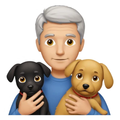 Italian man with no mustache and salt and pepper hair holding one black dog and one yellow dog sticker