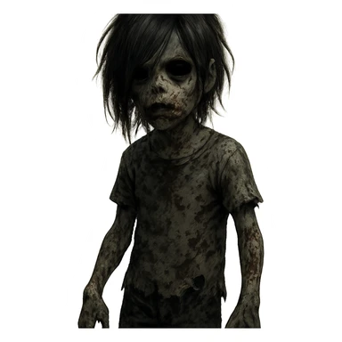 boy zombie with black emo-style long hair, creepy and scary, black eyes, dark skin, horror style sticker