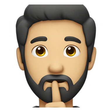 A guy with his finger in his mouth making the silence sign, black hair, beard sticker