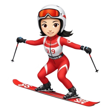 Ski racer downhill squat woman, red white dress, with the name Stephanie on the dress, Ski with the name Head, black hair, smile sticker