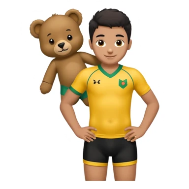 Une garçon qui a les cheveux noir qui sourit il a un maillot de l’algerie et qui a un doudou sur son epaule un ours jaune qui a des habille noir sticker