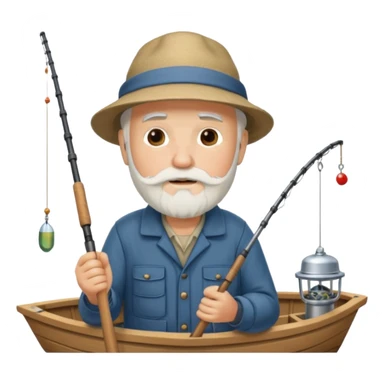 an old white haired, bearded man in fisherman attire, sat in a boat at sea, holding a fishing rod and catching fish with it. sticker