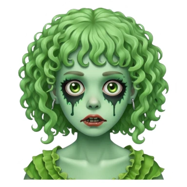 green zombie woman with curly hair, bangs, and a septum piercing. like iPhone emoji sticker