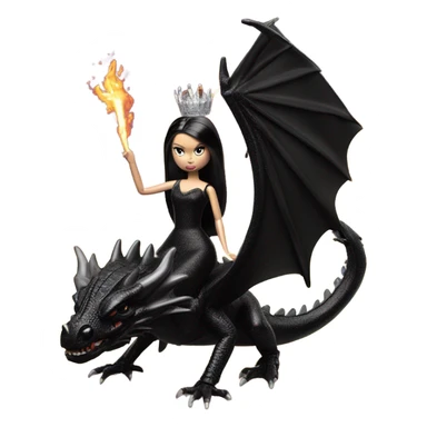 evening dressed, Wednesday Addams Barbie Jedi wearing a tiara, riding on the back of a very large black shiny evil-looking fire-spewing horned dragon sticker