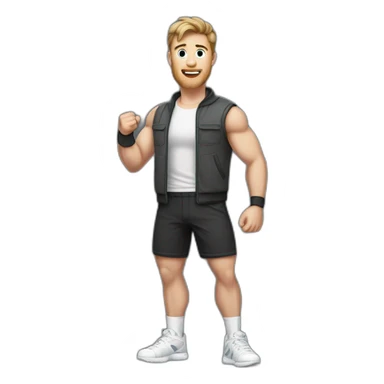 Full height Actively gesturing with hands Pale skinned Fit Man With the biceps and brown hair in dark gray Sleeveless Mike, black oversize sports shorts and white Sneakers sticker