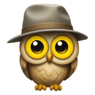 An owl wearing a cap with a yellow owl silhouette on it sticker
