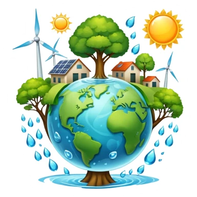 An icon featuring a green Earth, a tree, recycling symbols, and renewable energy sources like wind turbines, solar panels, and hydropower. The design includes animals, water droplets, and the sun, representing ecology, sustainable energy, and environmental protection. Transparent background. sticker