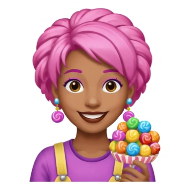 candy shop vendor, looking like candy with candy earrings and candy hair sticker