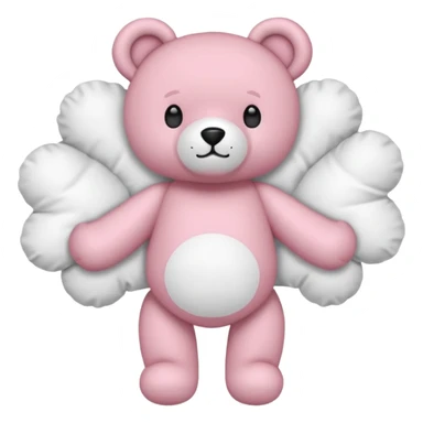 standing pink teddy bear, dynamic boxer pose, floral neck pillow, holding frilly white cloud pillow, simple and iconic, iPhone emoji style sticker