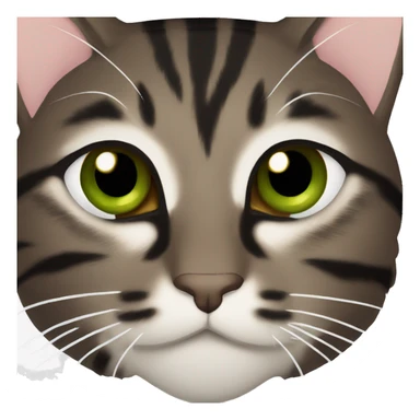 Dark brown tabby cat with brown-green eyes, black nose and white neck sticker