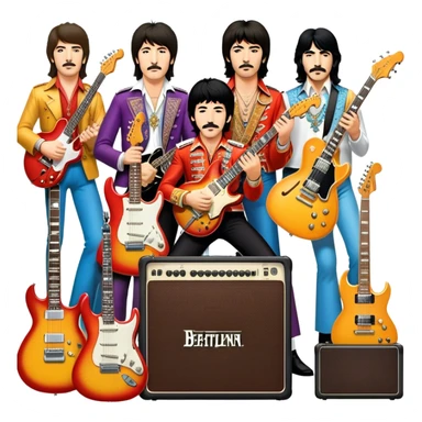 Rock music icon: dynamic collage of global rock legends like The Beatles, Jimi Hendrix, Elvis Presley, Led Zeppelin, Queen, and Nirvana, surrounded by guitars, amplifiers, and stage lights. Symbolizing the energy and power of rock music. Transparent background. sticker