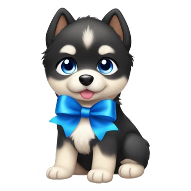 One black and beige pomsky puppy with blue eyes and a blue ribbon in his head really cute and adorable  sticker