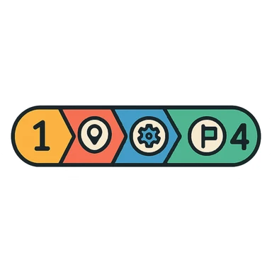 modern horizontal progress bar with colored segments for each phase, numbers and icons, isolated on white background sticker