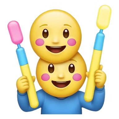 An excited yellow emoji face with closed smiling eyes and blushing cheeks, cheering enthusiastically while holding up two glow sticks (one blue, one pink). It represents high energy, fandom, and celebration. sticker