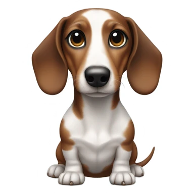 a dachshund, features a smooth coat with a white body patterned with dark brown patches and a brown head shaded with darker tones. With one blue eye  sticker