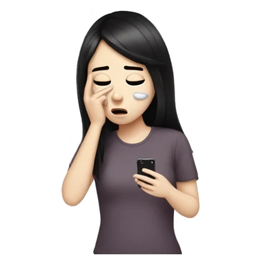 A girl with white skin and dark hair is crying, tears, holding her phone in her hand and pressing her finger on it and looking into it   sticker