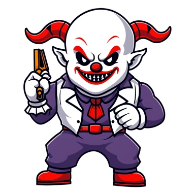 full-body muscular demonic clown, battle-ready, black and white leisure suit with bellbottom pants, bald, black ram horns, flashy black and white belt, ruffled white shirt, no neck tie, large fangs, holding very large futuristic rifle sticker