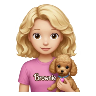 hazme un emoji que sea una niña rubi con el pelo ondulado i una camiseta rosa que ponga brownie, i acariciando a un perro (caniche toy) sticker